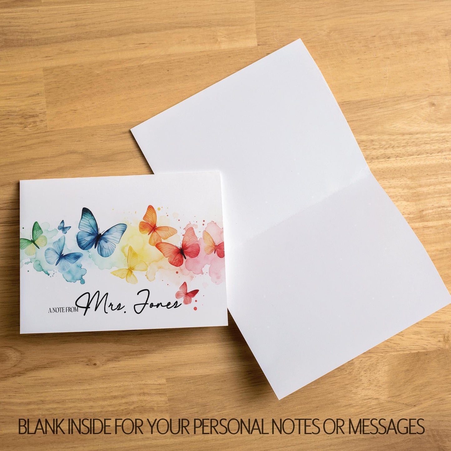 Personalized Note Cards - Rainbow Butterfly Custom Name Notecards with Envelopes