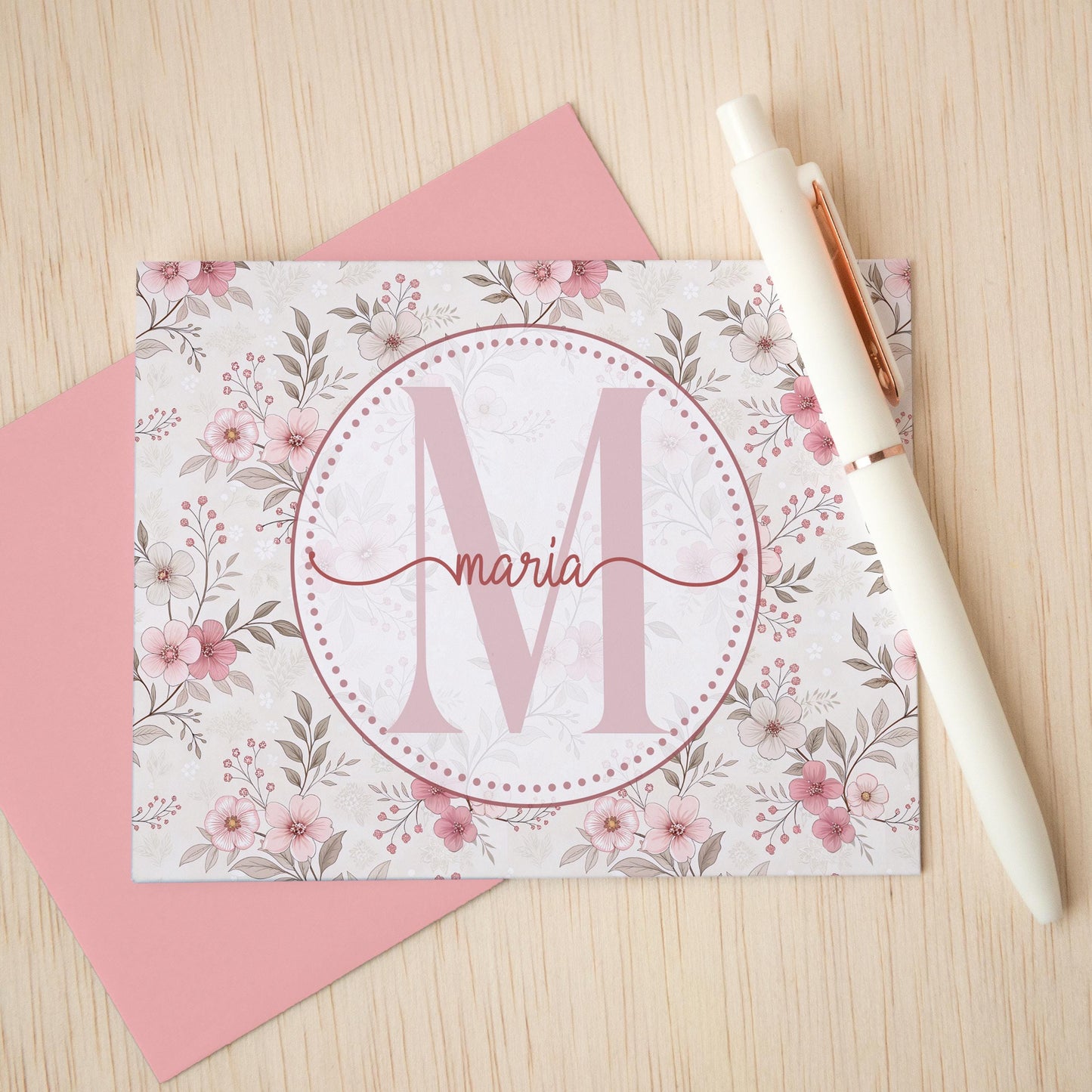 Personalized Note Cards – Custom Folded Cards, Pink Wildflower Stationery Set with Envelopes