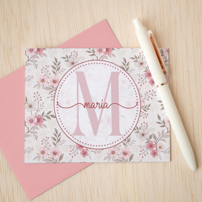 Personalized Note Cards – Custom Folded Cards, Pink Wildflower Stationery Set with Envelopes