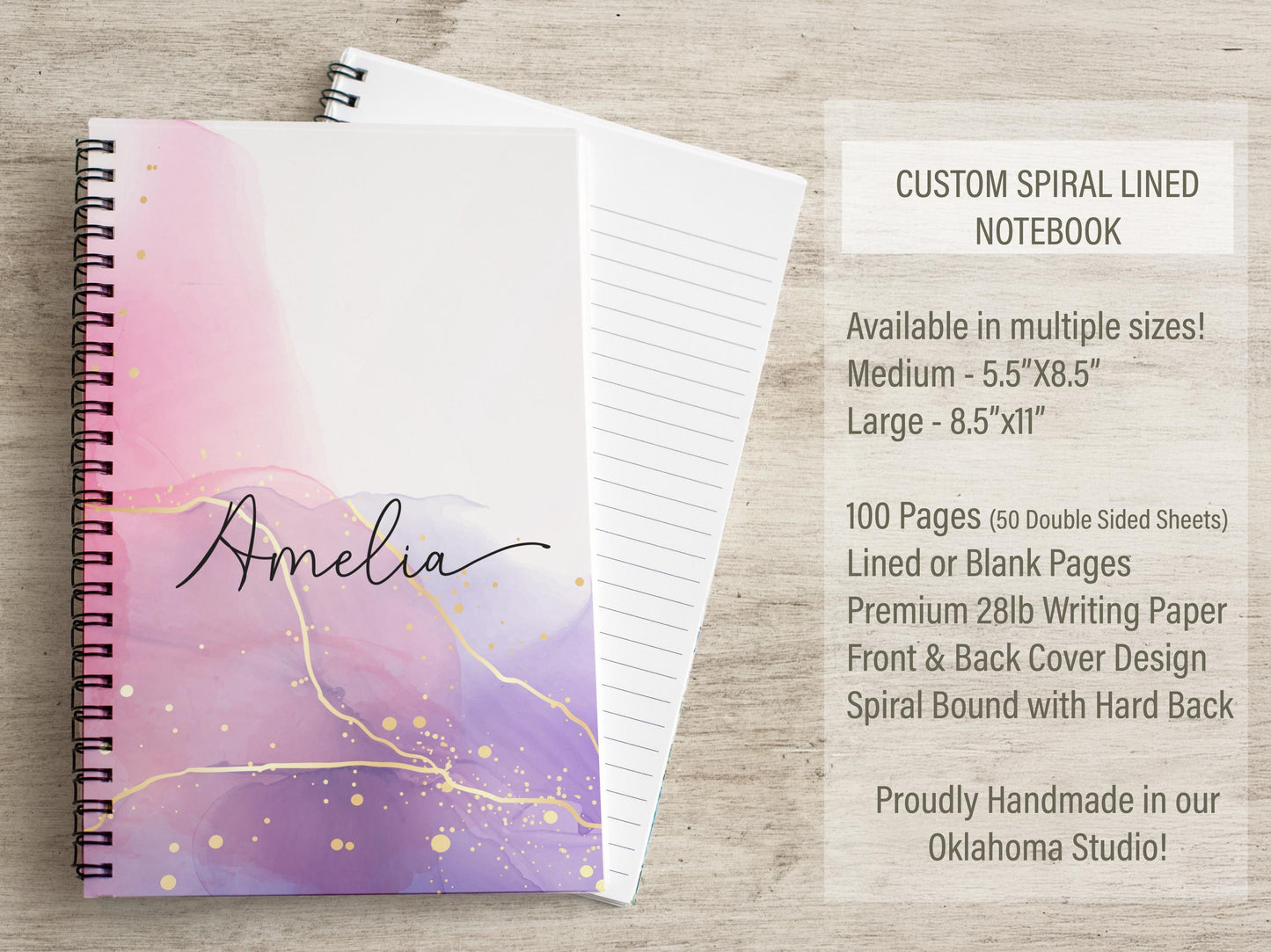 Personalized Pink Notebook - Custom Journal Notebooks with Name | Pretty Marble Notepads