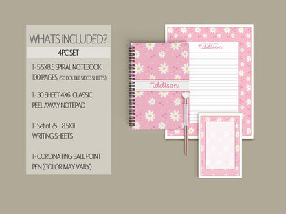 Personalized Stationery Set - Kids Letter Writing Kit with Pink Daisy Notebook & Envelopes