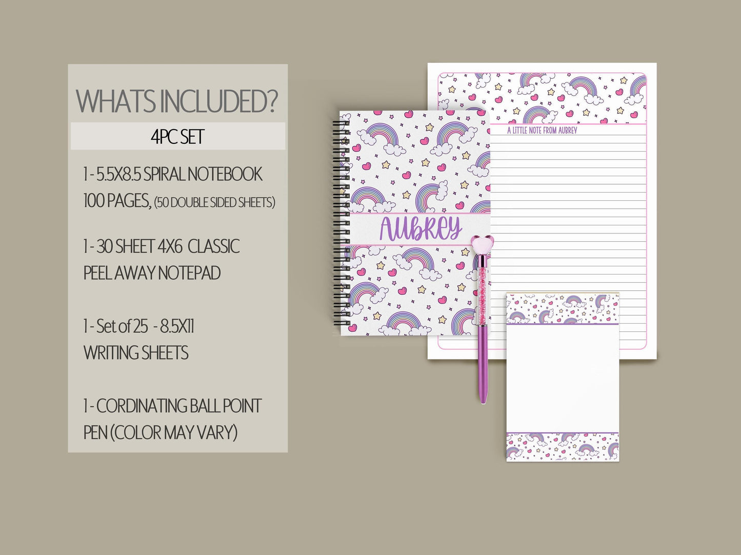 Personalized Stationery Set - Rainbow Letter Set with Girls Writing Paper & Custom Note Cards