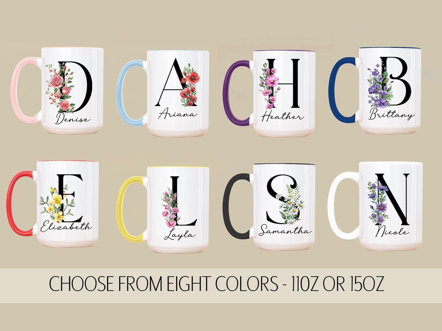 Custom Birth Flower Mug – Personalized Rose Flower Cup | Monogram Initial & Birthday Gift