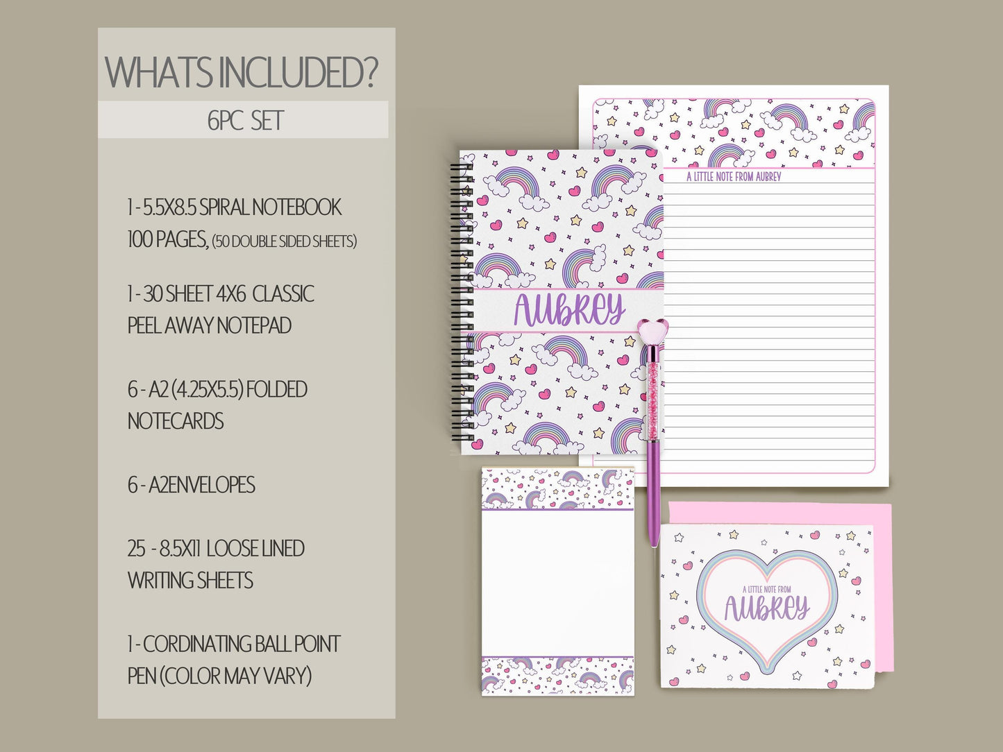 Personalized Stationery Set - Rainbow Letter Set with Girls Writing Paper & Custom Note Cards