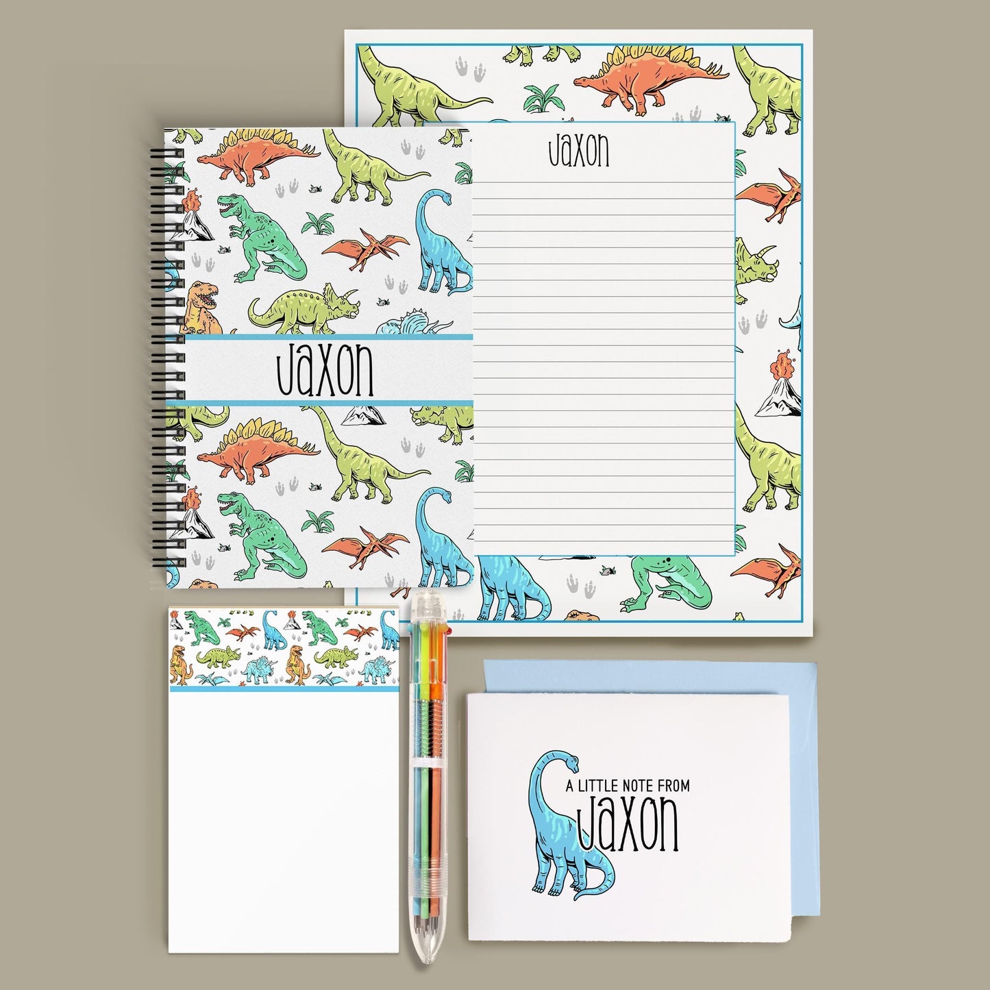Boys Stationery Set – Personalized Dinosaur Notebook & Custom Writing Paper Kit
