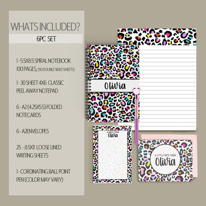 Personalized Stationery Set - Kids Letter Writing Paper & Rainbow Cheetah Notebook