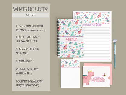 Kids Dino Stationery Set - Personalized Dinosaur Writing Paper & Notepad with Stickers