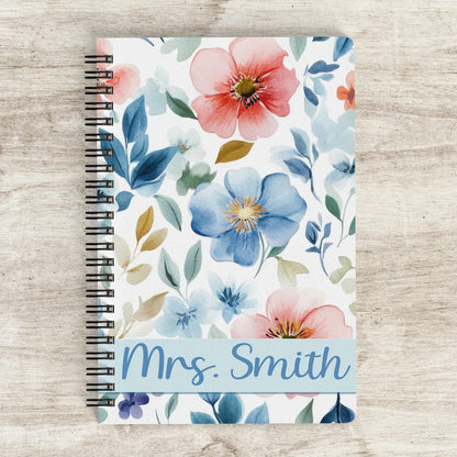 Personalized Notebook - Custom Wildflower Journal | Blue Floral Spiral Bound Journal