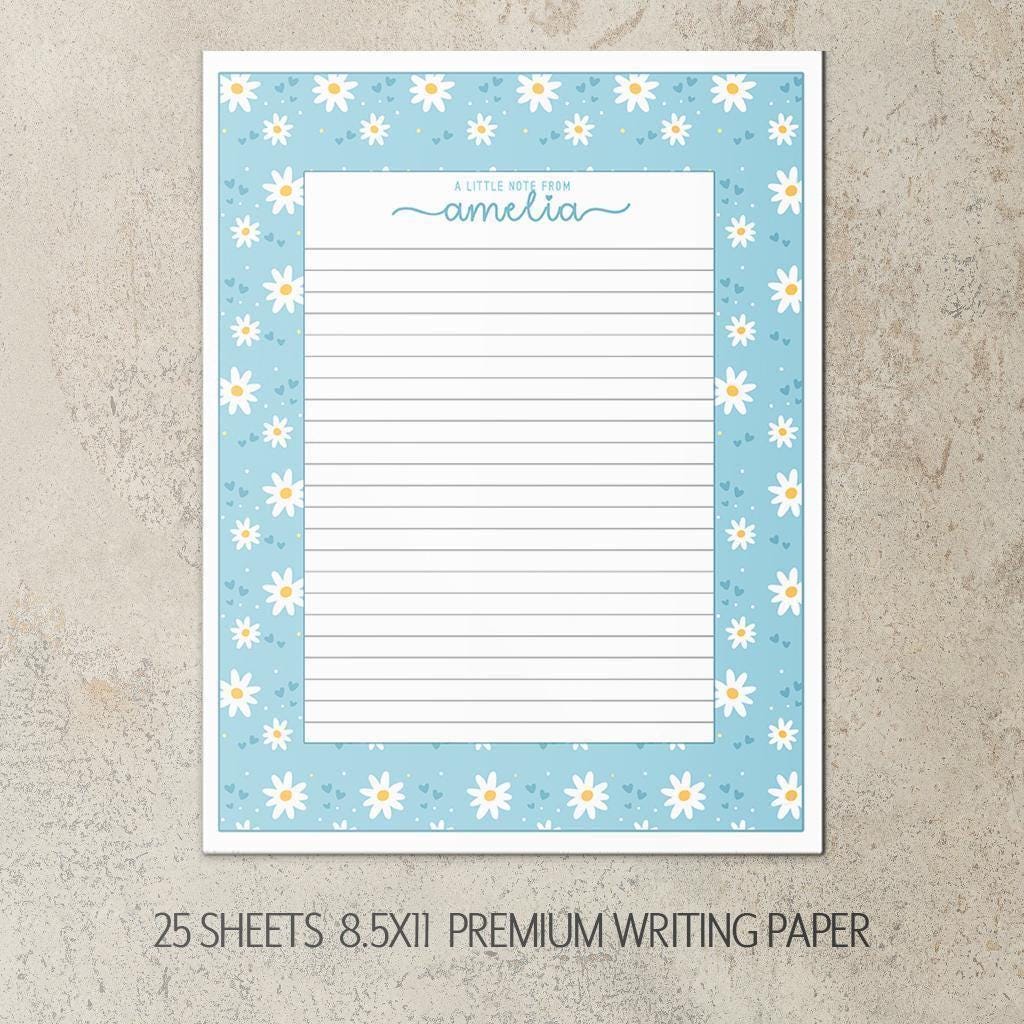 Personalized Stationery Set – Kids Writing Set With Blue Daisy Notebook & Notecard Envelopes