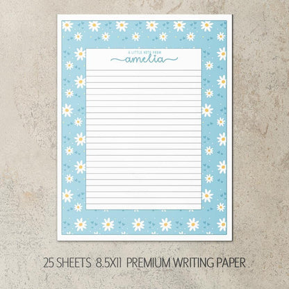 Personalized Stationery Set – Kids Writing Set With Blue Daisy Notebook & Notecard Envelopes
