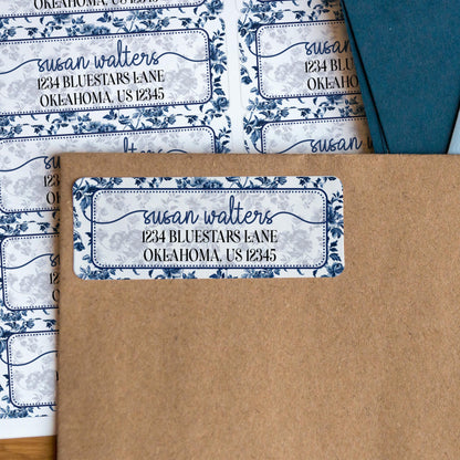Personalized Address Labels - Blue Floral Return Address Stickers | Water Resistant, Smudge Proof