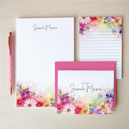 Personalized Stationery Set – Rainbow Wildflowers Letter Writing Gift Set with Pen & Notepad