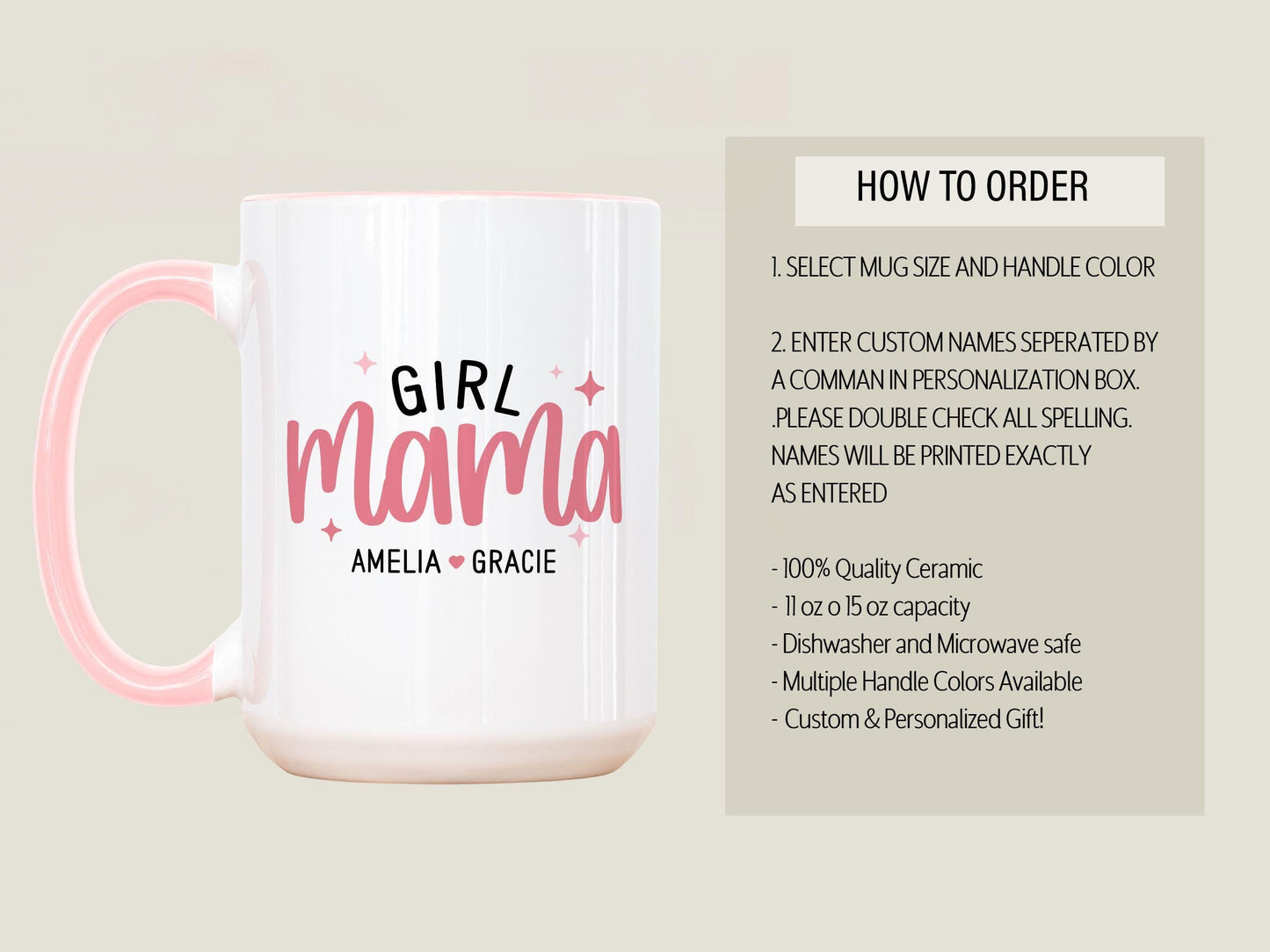 Personalized Girl Mama Mug - Custom Name Coffee Cup | Pink Mom Gift, Dishwasher Safe