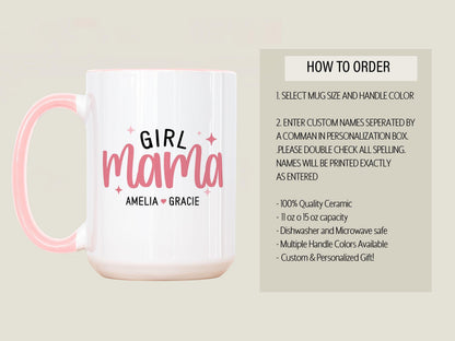 Personalized Girl Mama Mug - Custom Name Coffee Cup | Pink Mom Gift, Dishwasher Safe