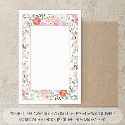 Personalized Stationery Set - Custom Letter Writing Sets with Floral Notepads & Pink Flower Notebook