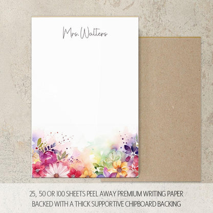 Personalized Flower Notepad - Custom Name Notepads With Rainbow Floral Garden Design