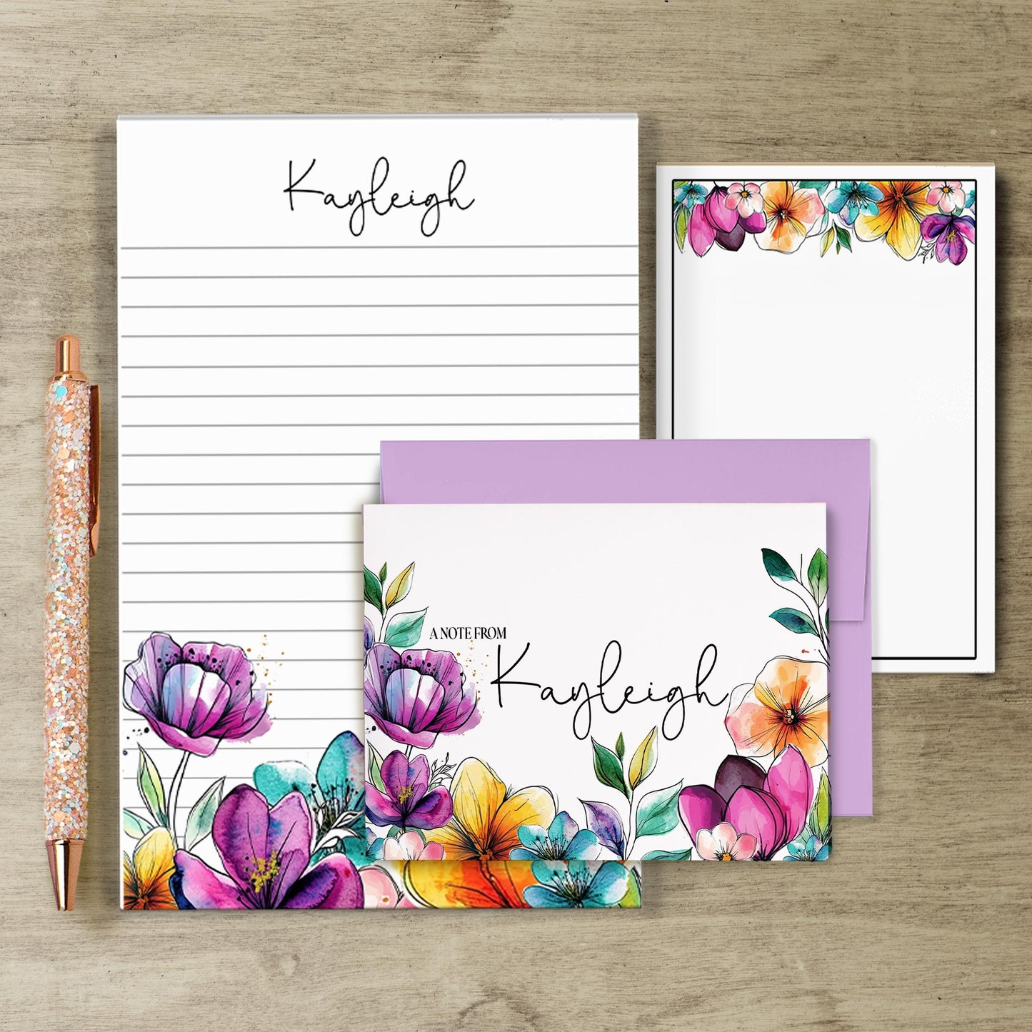 Personalized Stationery Set | Premium Letter Paper, Notecards & Rainbow Flower Notepad Gift Set
