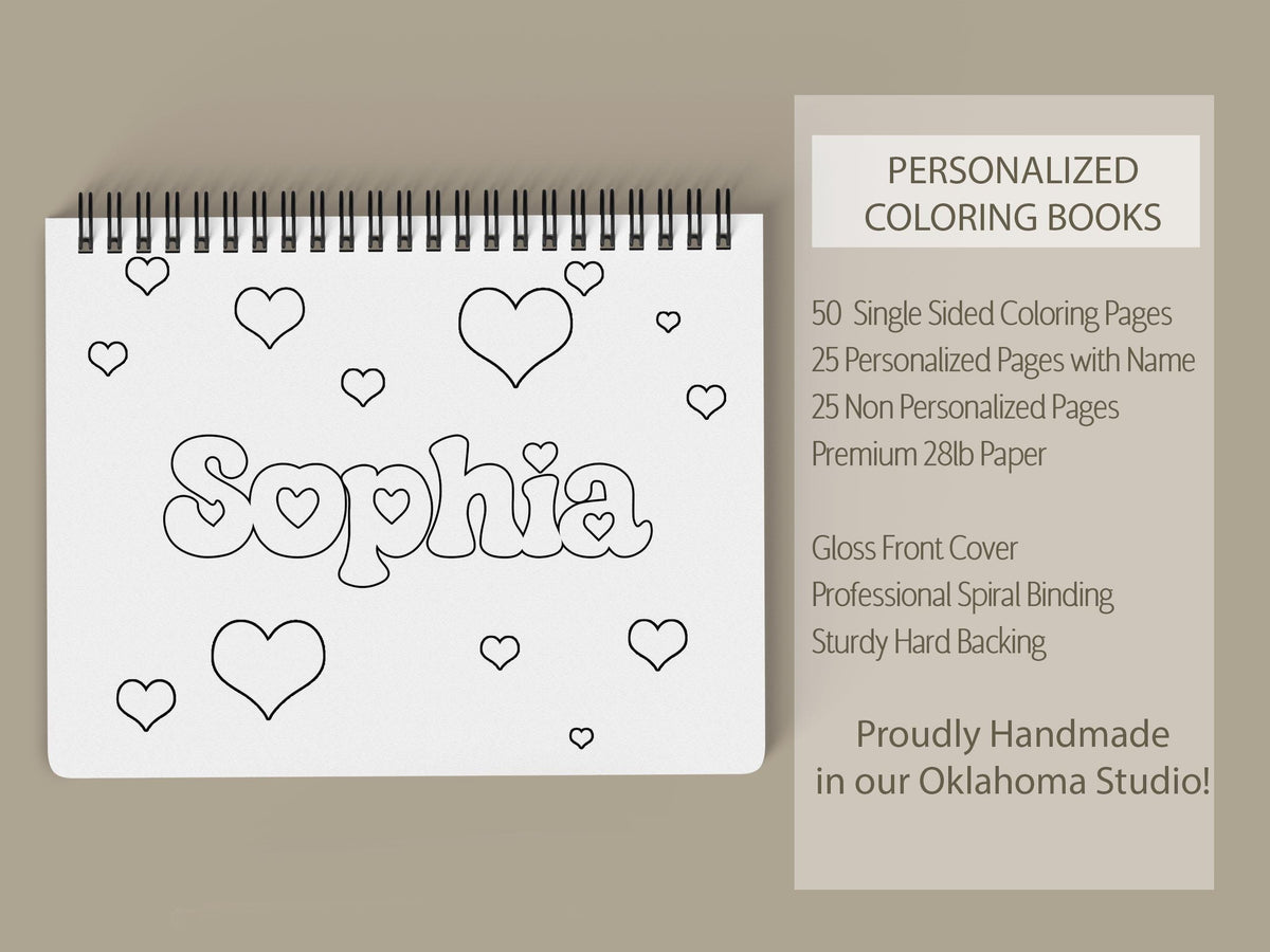 Personalized Coloring Book, Girls Hearts, 50 Pages, 11x8.5 Spiral