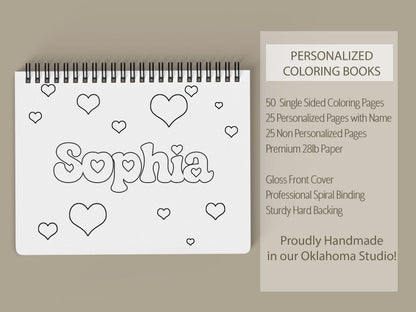 Personalized Coloring Book, Girls Hearts, 50 Pages, 11x8.5 Spiral