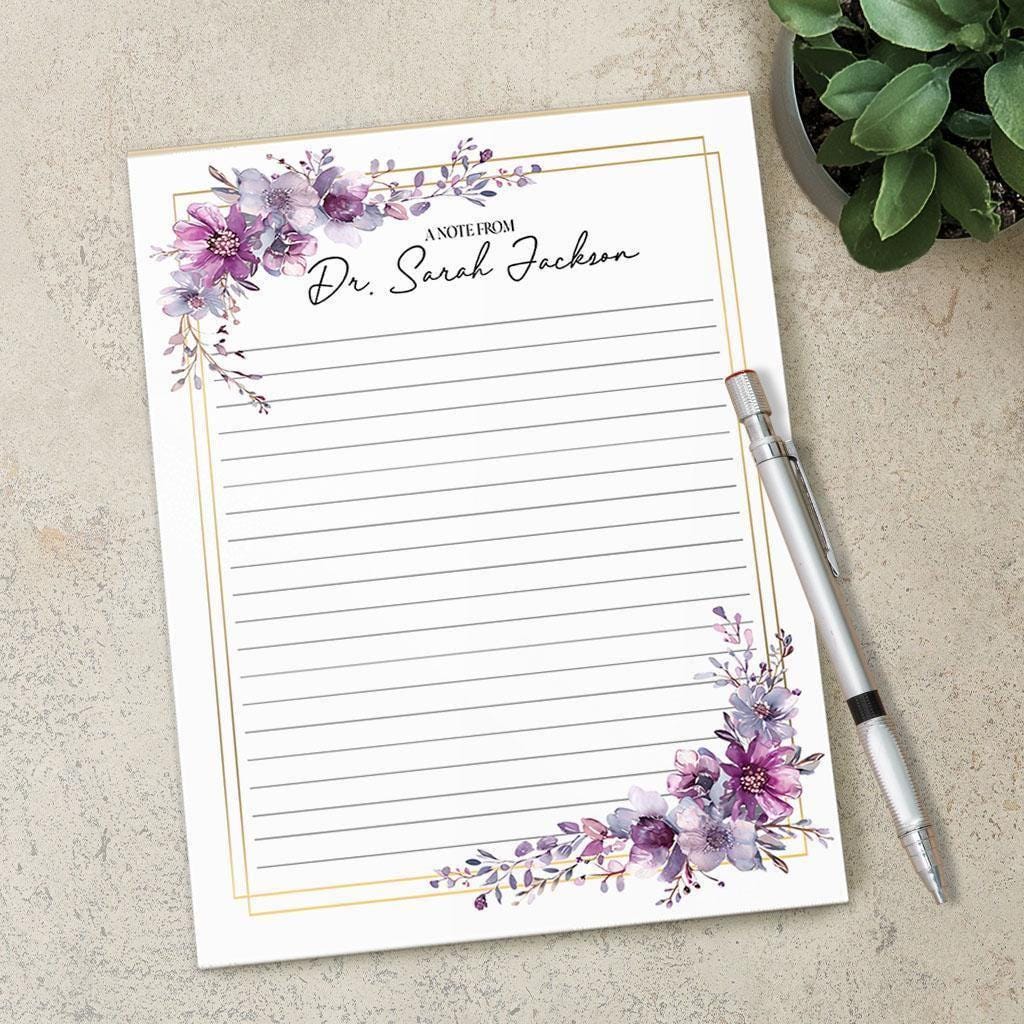 Personalized Notepad – Custom Floral Notepad With Purple Floral Design & Hard Cardboard Backing