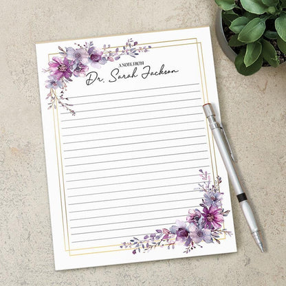 Personalized Notepad – Custom Floral Notepad With Purple Floral Design & Hard Cardboard Backing