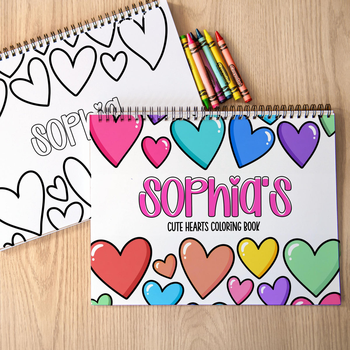 Personalized Coloring Book, Girls Hearts, 50 Pages, 11x8.5 Spiral