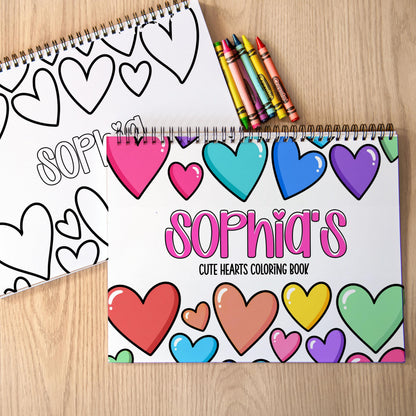Personalized Coloring Book, Girls Hearts, 50 Pages, 11x8.5 Spiral