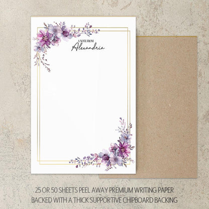 Personalized Notepad – Custom Floral Notepad With Purple Floral Design & Hard Cardboard Backing