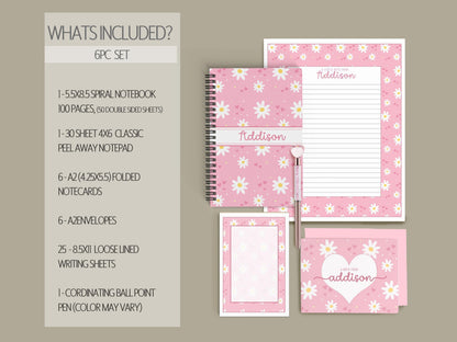 Personalized Stationery Set - Kids Letter Writing Kit with Pink Daisy Notebook & Envelopes