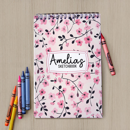 Girls Personalized Sketchbook – Custom Art Book with Pink Floral Cover | Heavyweight Spiral Bound Drawing Pad