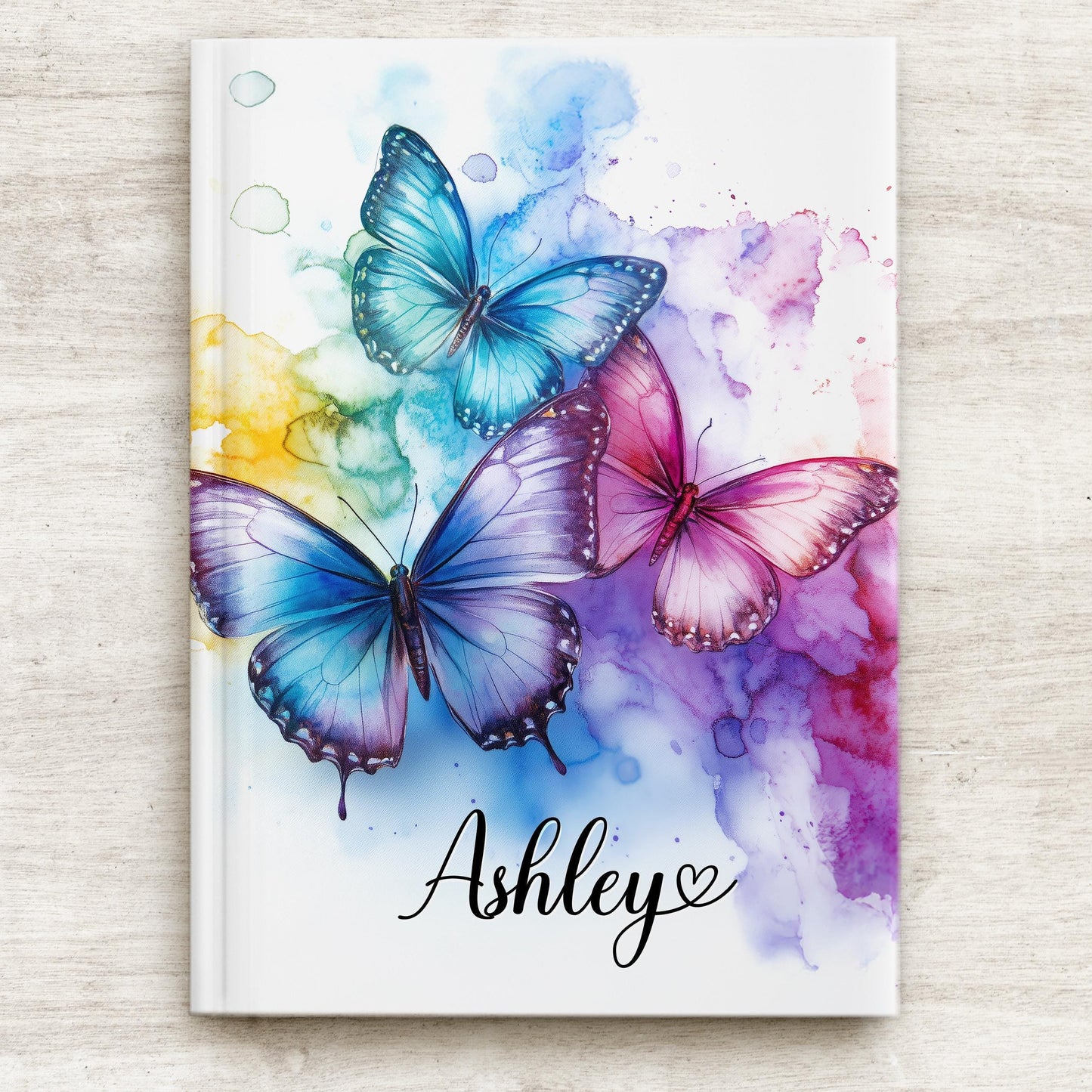 Personalized Hardcover Journal - Rainbow Butterfly Custom Name Notebook With Matte Finish Cover