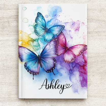 Personalized Hardcover Journal - Rainbow Butterfly Custom Name Notebook With Matte Finish Cover
