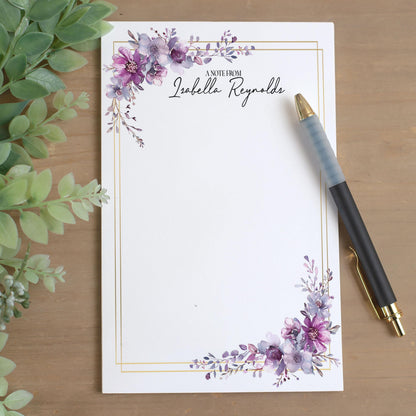Personalized Notepad – Custom Floral Notepad With Purple Floral Design & Hard Cardboard Backing