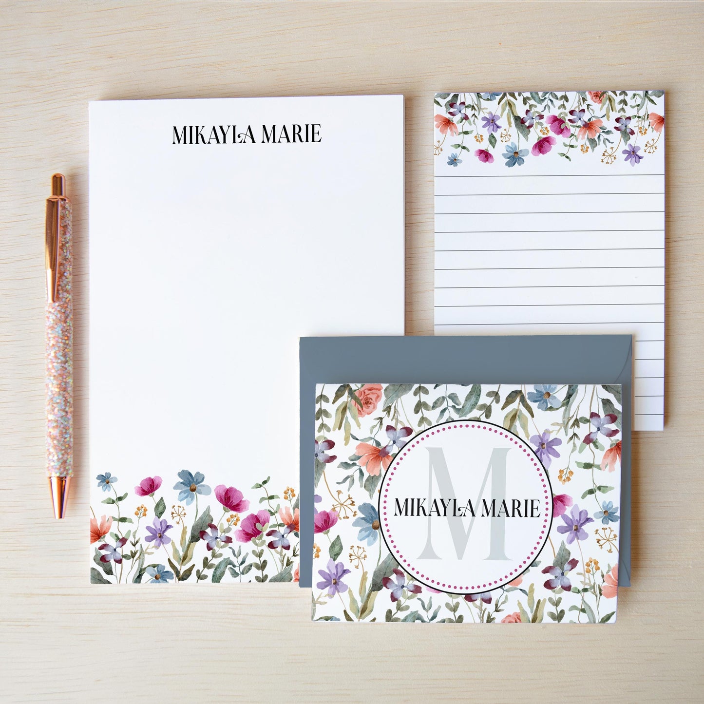 Personalized Stationery Set - Wildflower Letter Writing Set with Notecards & Pen