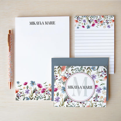 Personalized Stationery Set - Wildflower Letter Writing Set with Notecards & Pen