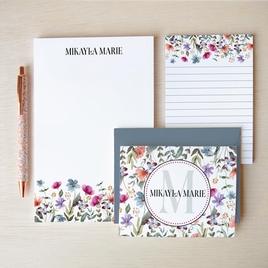 Personalized Stationery Set - Wildflower Letter Writing Set with Notecards & Pen