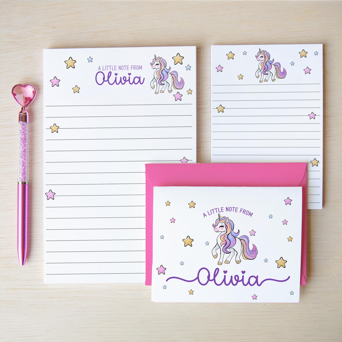 Personalized Stationery Set – Girls Unicorn Letter Writing Sets with Pink Purple Notepad & Envelopes