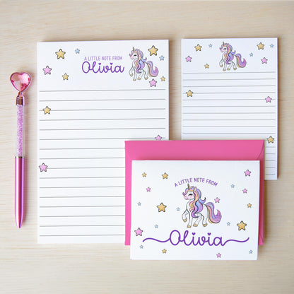 Personalized Stationery Set – Girls Unicorn Letter Writing Sets with Pink Purple Notepad & Envelopes