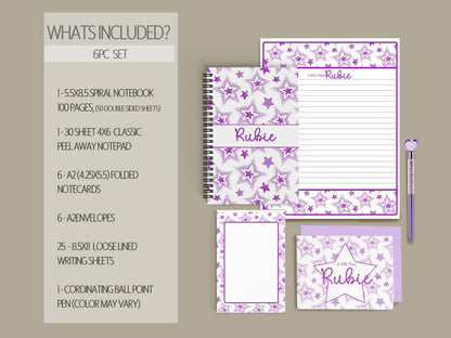 Personalized Stationery Set - Girls Star Letter Writing Set with Notebook and Pen