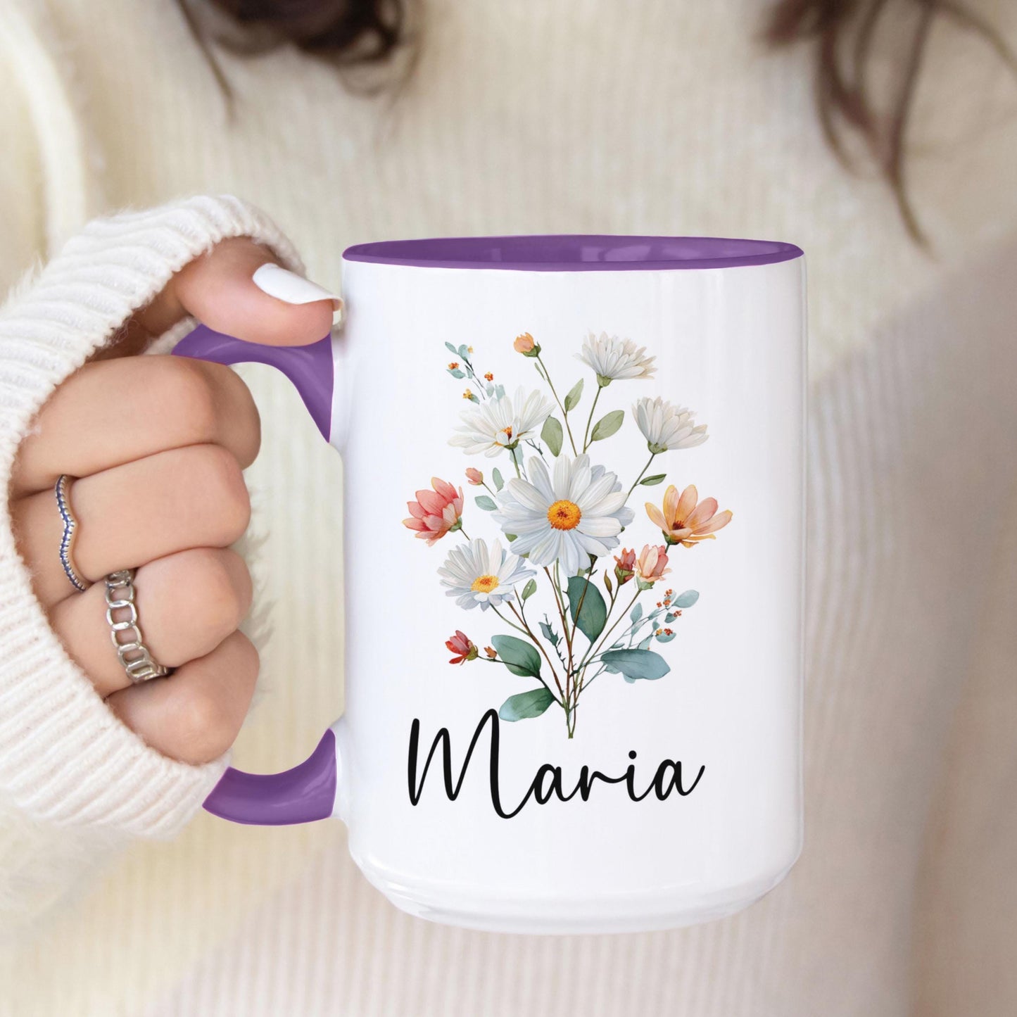 Custom Birth Flower Mug - Personalized Monogram Name Coffee Cup | Ceramic, Microwave Safe