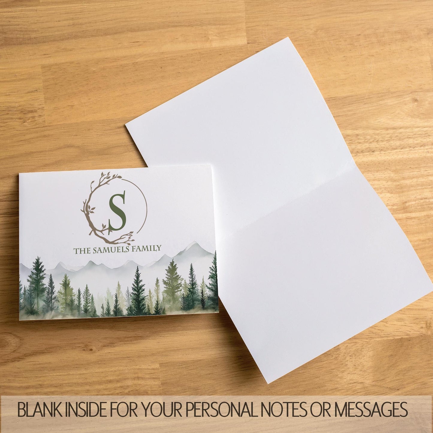 Personalized Note Cards - Custom Folded Cards with Name, Mountain & Evergreen Forest Design