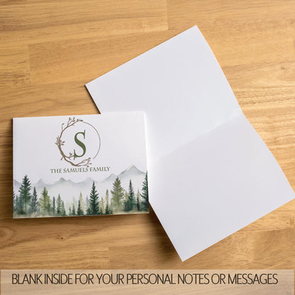 Personalized Note Cards - Custom Folded Cards with Name, Mountain & Evergreen Forest Design