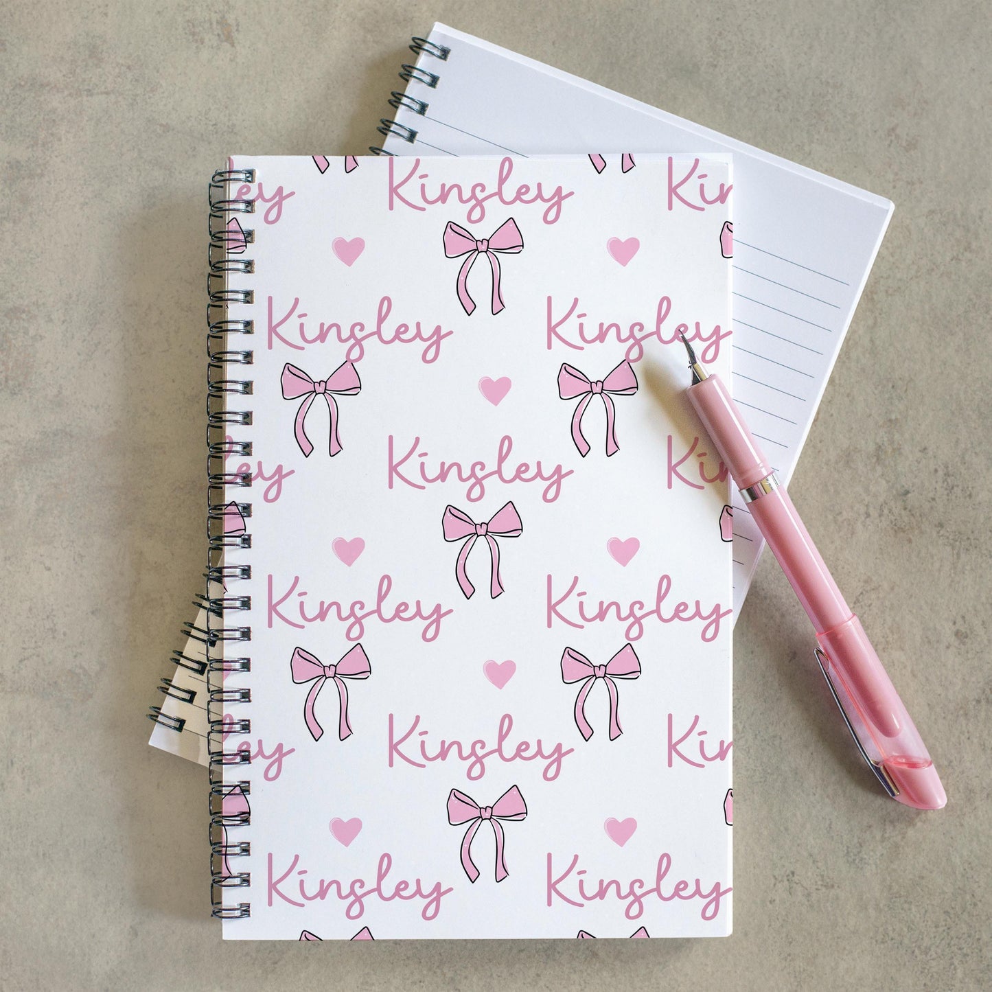 Girls Custom Notebook - Personalized Journal With Pink Coquette Bows, Spiral Bound