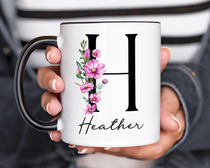 Custom Birth Flower Mug – Personalized Rose Flower Cup | Monogram Initial & Birthday Gift