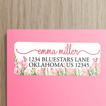 Custom Address Labels - Personalized Pink Gladiolus Floral Return Stickers
