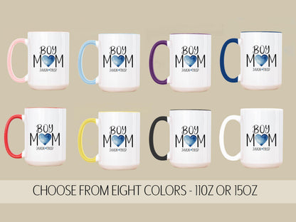 Personalized Boy Mom Mug - Custom Name Mug With Blue Heart | Dishwasher Safe Ceramic Coffee Cup