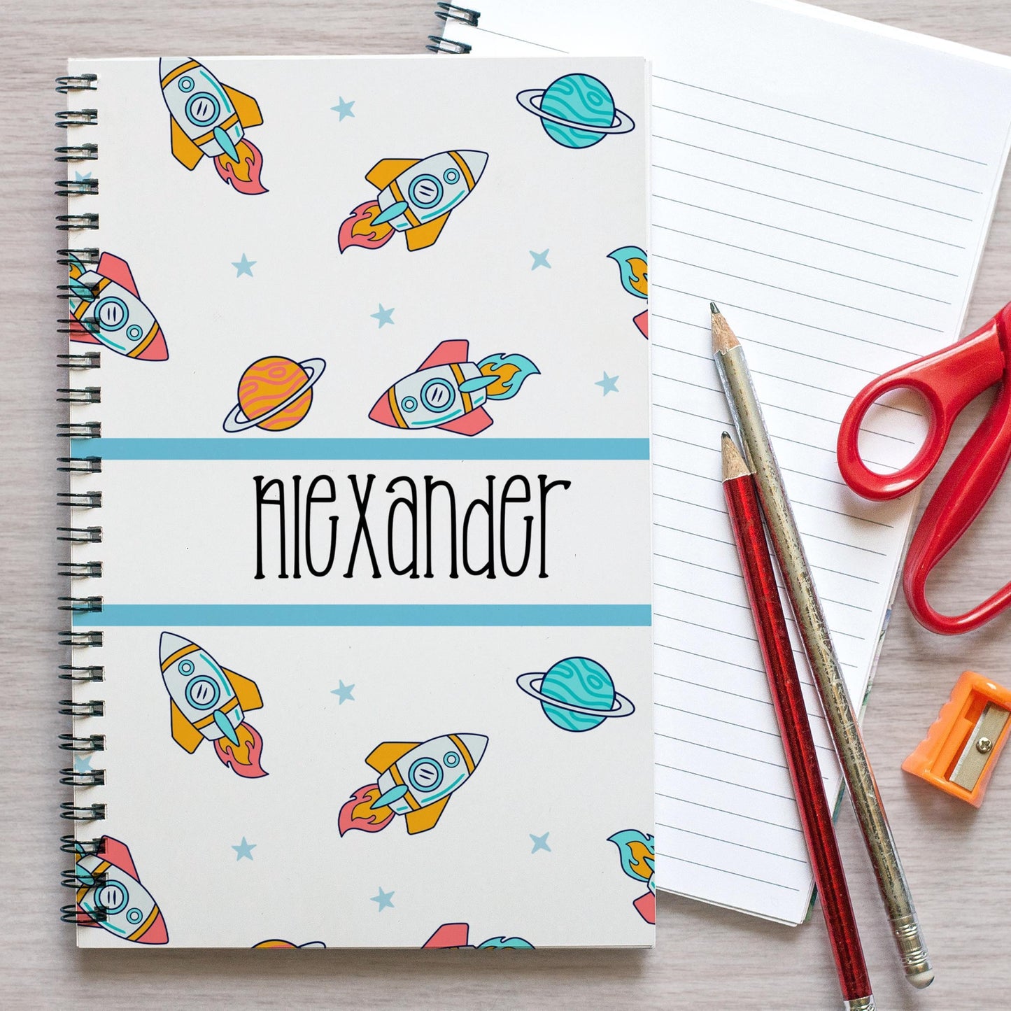 Custom Spiral Notebook - Personalized Kids Writing Journal With Space Rocket Design