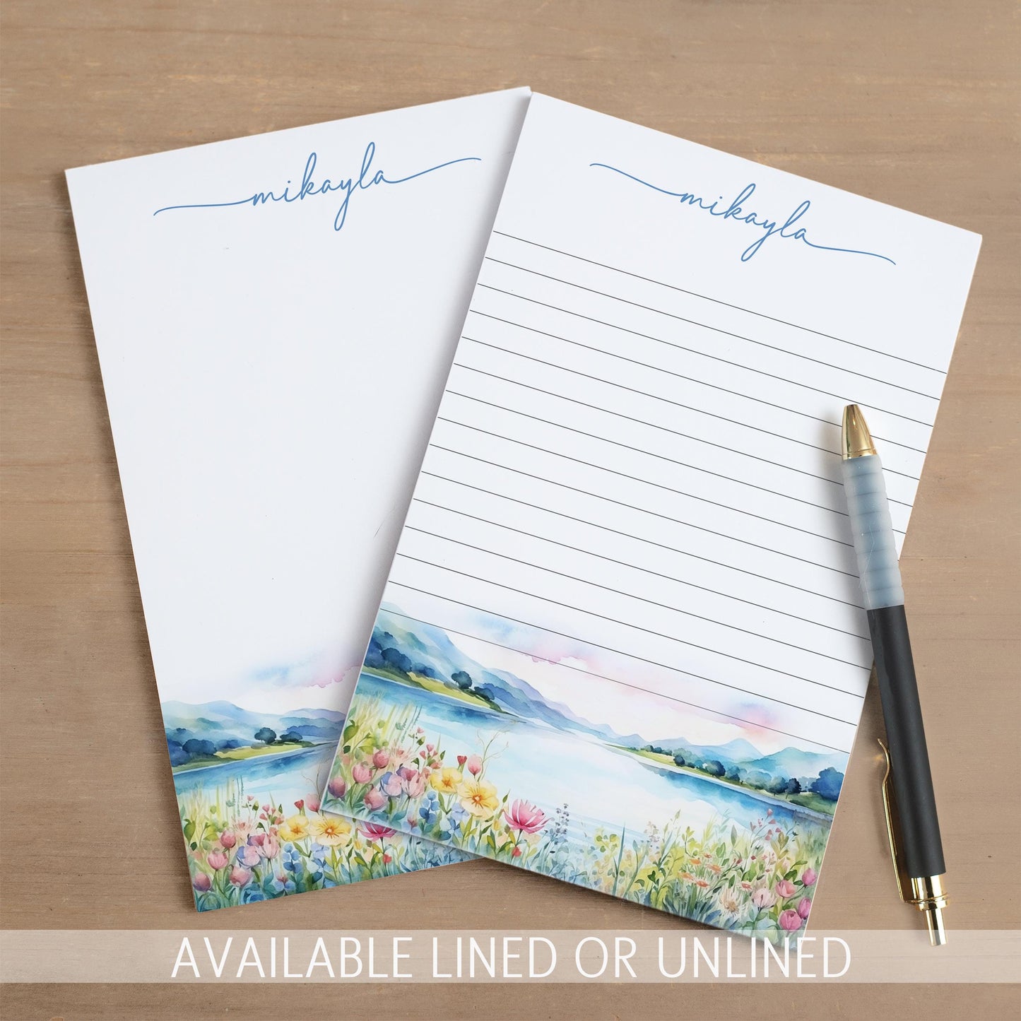 Personalized Notepad - Custom Stationery with Lake Landscape & Flower Design
