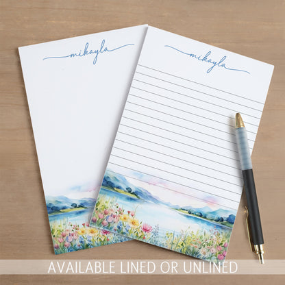 Personalized Notepad - Custom Stationery with Lake Landscape & Flower Design