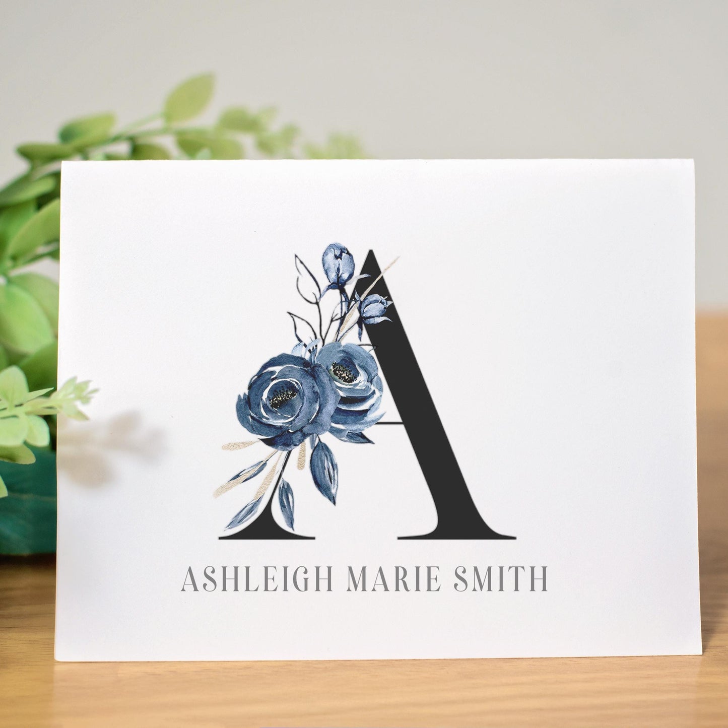 Personalized Monogram Note Cards - Custom Blue Flower Notecards with Envelopes